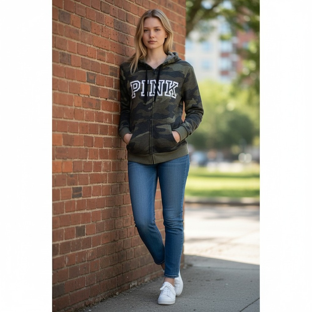 PINK Victoria's Secret Hoodie Women XL Green Camo Excellent Full Zip Logo